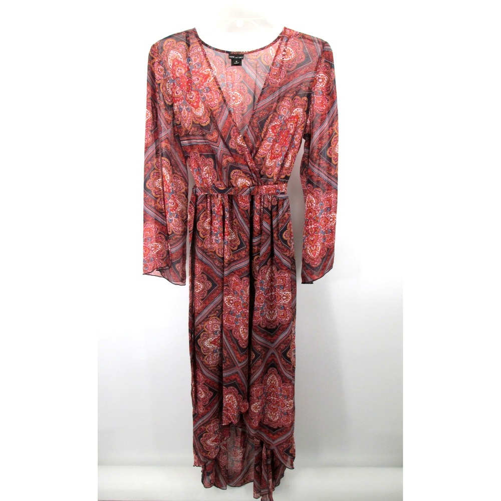 Kate and Lily Women 8 Maxi Faux Wrap Dress Sheer Boho Floral Red Paisley Long